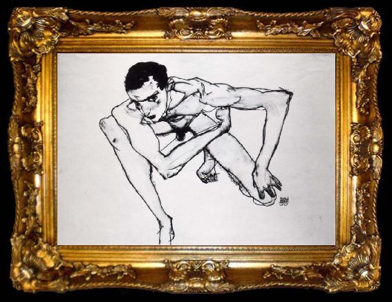 framed  Egon Schiele Self Portrait in crouching position, ta009-2